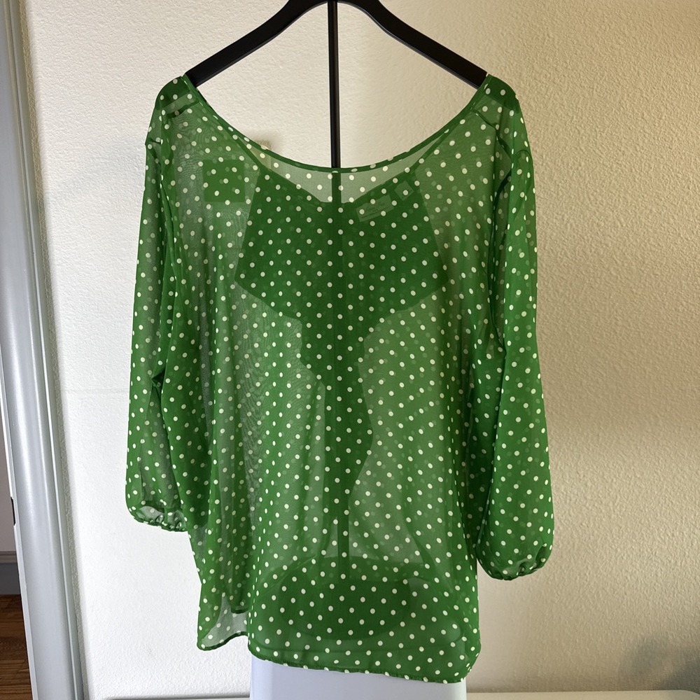Sweet Pea For NY & Co Women's Green Polka Dot Semi Sheer Bow Blouse Size XL